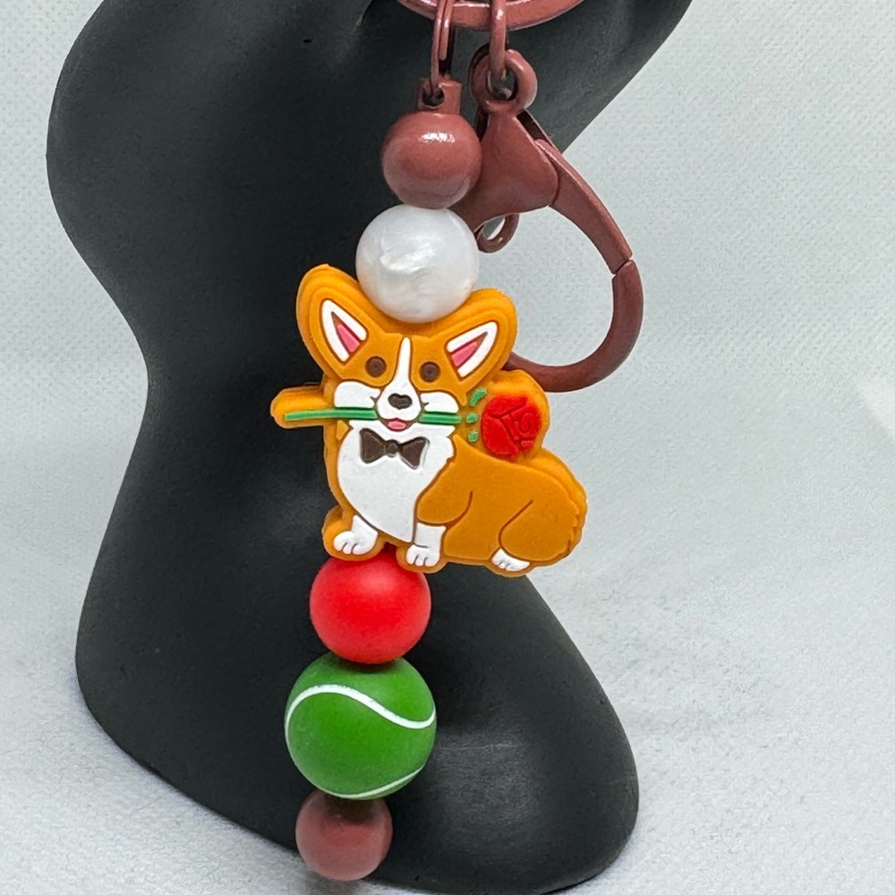 New, Cute Corgie Silicone Bead & Brown Metal Key Fob / Purse Charm